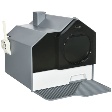 Hooded Cat Litter Box with Scoop, Drawer Pan, Handle & Deodorants, Hut Design, Front Entrance 47x45x42 cm - Grey