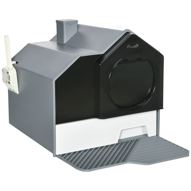 Hooded Cat Litter Box with Scoop, Drawer Pan, Handle & Deodorants, Hut Design, Front Entrance 47x45x42 cm - Grey