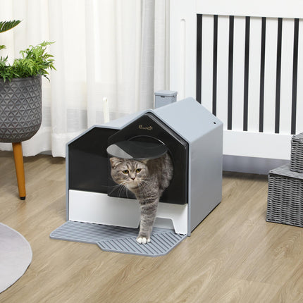 Hooded Cat Litter Box with Scoop, Drawer Pan, Handle & Deodorants, Hut Design, Front Entrance 47x45x42 cm - Grey