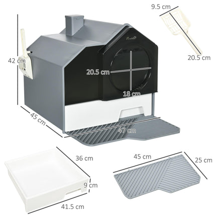 Hooded Cat Litter Box with Scoop, Drawer Pan, Handle & Deodorants, Hut Design, Front Entrance 47x45x42 cm - Grey