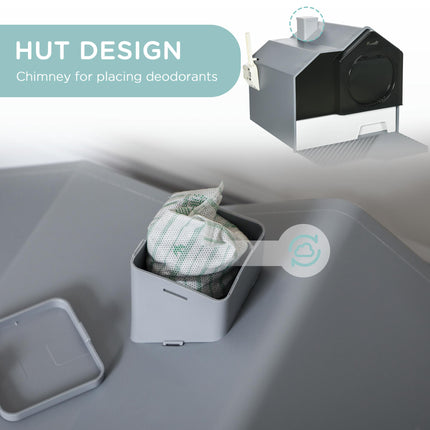 Hooded Cat Litter Box with Scoop, Drawer Pan, Handle & Deodorants, Hut Design, Front Entrance 47x45x42 cm - Grey