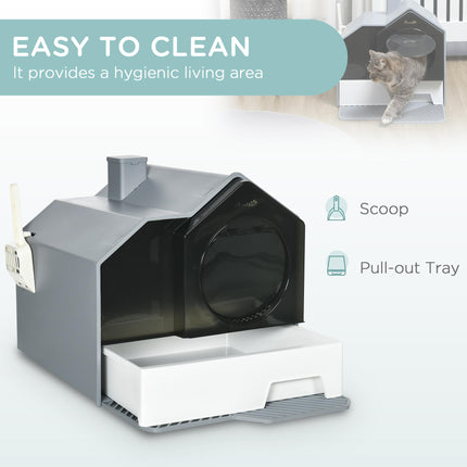 Hooded Cat Litter Box with Scoop, Drawer Pan, Handle & Deodorants, Hut Design, Front Entrance 47x45x42 cm - Grey