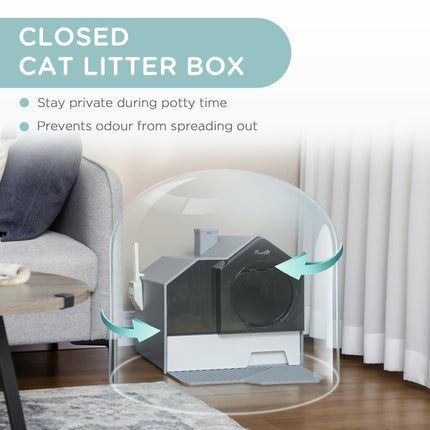Hooded Cat Litter Box with Scoop, Drawer Pan, Handle & Deodorants, Hut Design, Front Entrance 47x45x42 cm - Grey