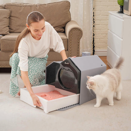 Hooded Cat Litter Box with Scoop, Drawer Pan, Handle & Deodorants, Hut Design, Front Entrance 47x45x42 cm - Grey