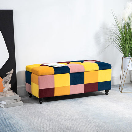 Velvet Storage Ottoman 114 x 47 x 47cm Button-Tufted Footstool Toy Chest with Lid - Multicoloured