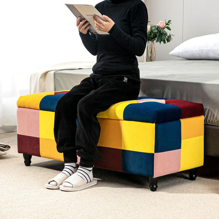 Velvet Storage Ottoman 114 x 47 x 47cm Button-Tufted Footstool Toy Chest with Lid - Multicoloured