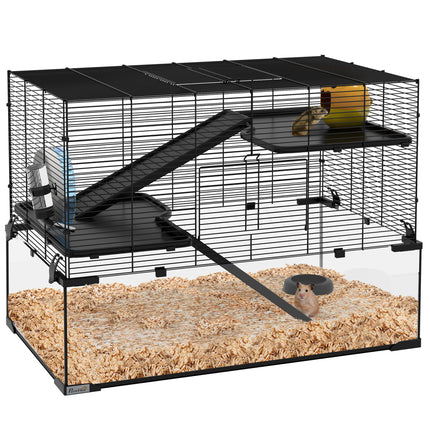 3 Tiers Hamster Cage with Deep Glass Bottom, Ramps, Wheel & Water Bottle for Syrian & Dwarf Hamsters - Black