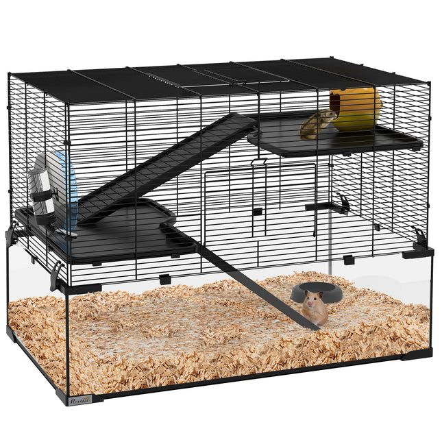 3 Tiers Hamster Cage with Deep Glass Bottom, Ramps, Wheel & Water Bottle for Syrian & Dwarf Hamsters - Black