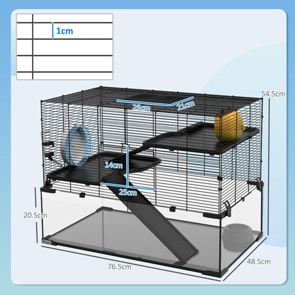 3 Tiers Hamster Cage with Deep Glass Bottom, Ramps, Wheel & Water Bottle for Syrian & Dwarf Hamsters - Black