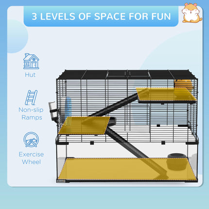 3 Tiers Hamster Cage with Deep Glass Bottom, Ramps, Wheel & Water Bottle for Syrian & Dwarf Hamsters - Black