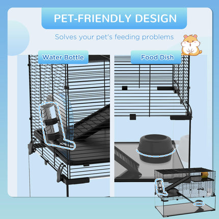 3 Tiers Hamster Cage with Deep Glass Bottom, Ramps, Wheel & Water Bottle for Syrian & Dwarf Hamsters - Black