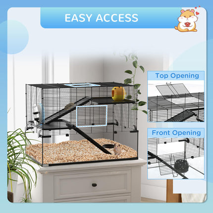 3 Tiers Hamster Cage with Deep Glass Bottom, Ramps, Wheel & Water Bottle for Syrian & Dwarf Hamsters - Black