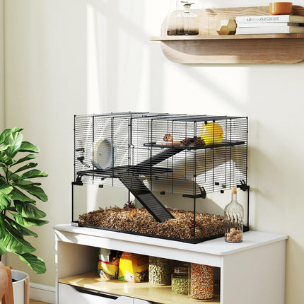 3 Tiers Hamster Cage with Deep Glass Bottom, Ramps, Wheel & Water Bottle for Syrian & Dwarf Hamsters - Black