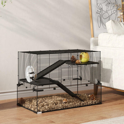3 Tiers Hamster Cage with Deep Glass Bottom, Ramps, Wheel & Water Bottle for Syrian & Dwarf Hamsters - Black