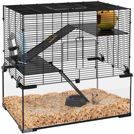 3 Tier Hamster Cage with Glass Base, Exercise Wheel, Ramps & Hut for Syrian & Dwarf Hamsters - Black