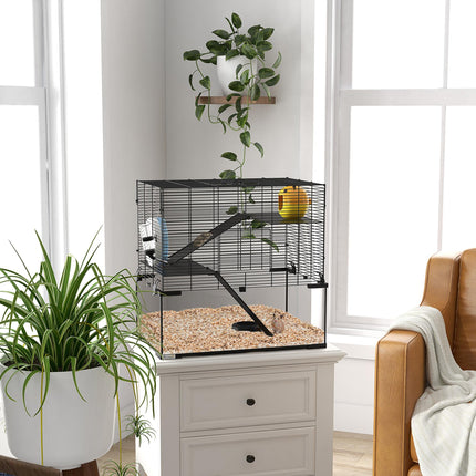 3 Tier Hamster Cage with Glass Base, Exercise Wheel, Ramps & Hut for Syrian & Dwarf Hamsters - Black