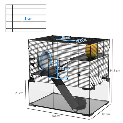 3 Tier Hamster Cage with Glass Base, Exercise Wheel, Ramps & Hut for Syrian & Dwarf Hamsters - Black