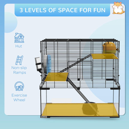 3 Tier Hamster Cage with Glass Base, Exercise Wheel, Ramps & Hut for Syrian & Dwarf Hamsters - Black