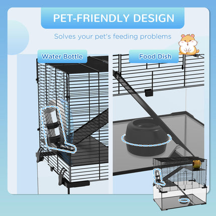 3 Tier Hamster Cage with Glass Base, Exercise Wheel, Ramps & Hut for Syrian & Dwarf Hamsters - Black