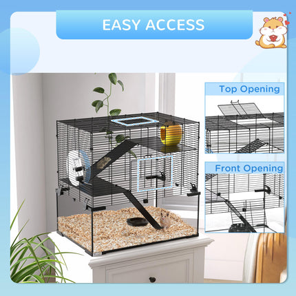 3 Tier Hamster Cage with Glass Base, Exercise Wheel, Ramps & Hut for Syrian & Dwarf Hamsters - Black