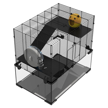 3 Tier Hamster Cage with Glass Base, Exercise Wheel, Ramps & Hut for Syrian & Dwarf Hamsters - Black