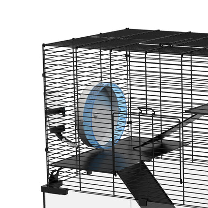 3 Tier Hamster Cage with Glass Base, Exercise Wheel, Ramps & Hut for Syrian & Dwarf Hamsters - Black