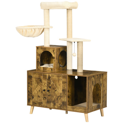 Cat Litter Box Enclosure with Tree Tower, Hammock & Cushion - Rustic Brown