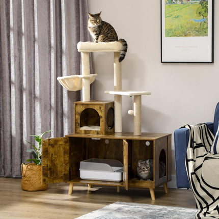 Cat Litter Box Enclosure with Tree Tower, Hammock & Cushion - Rustic Brown
