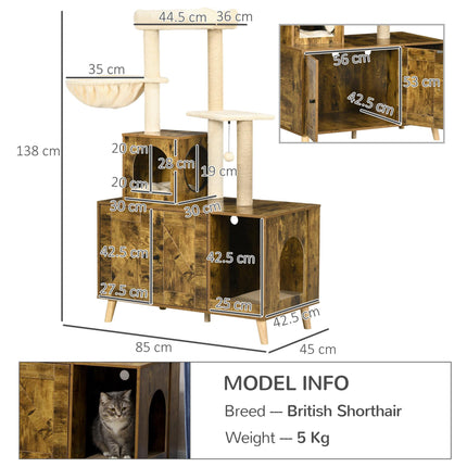 Cat Litter Box Enclosure with Tree Tower, Hammock & Cushion - Rustic Brown