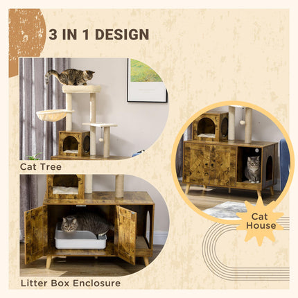 Cat Litter Box Enclosure with Tree Tower, Hammock & Cushion - Rustic Brown
