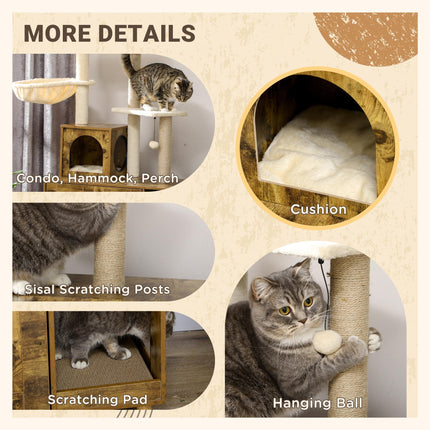 Cat Litter Box Enclosure with Tree Tower, Hammock & Cushion - Rustic Brown