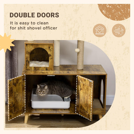 Cat Litter Box Enclosure with Tree Tower, Hammock & Cushion - Rustic Brown