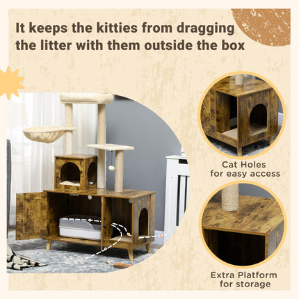 Cat Litter Box Enclosure with Tree Tower, Hammock & Cushion - Rustic Brown