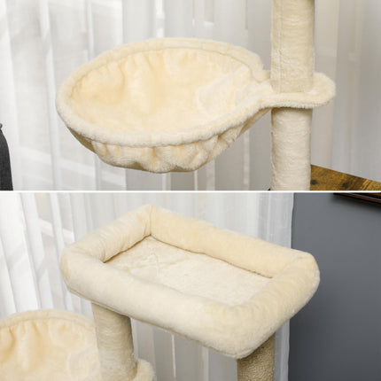 Cat Litter Box Enclosure with Tree Tower, Hammock & Cushion - Rustic Brown