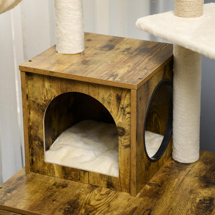 Cat Litter Box Enclosure with Tree Tower, Hammock & Cushion - Rustic Brown
