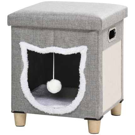 2 in 1 Cat Bed Ottoman with Removable Cushion, Scratching Pad & Handles - Grey