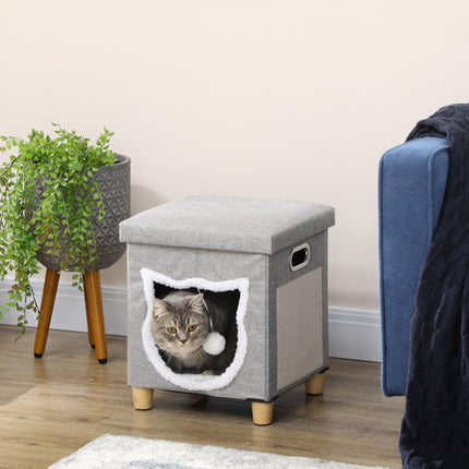 2 in 1 Cat Bed Ottoman with Removable Cushion, Scratching Pad & Handles - Grey