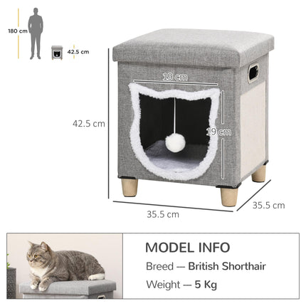2 in 1 Cat Bed Ottoman with Removable Cushion, Scratching Pad & Handles - Grey