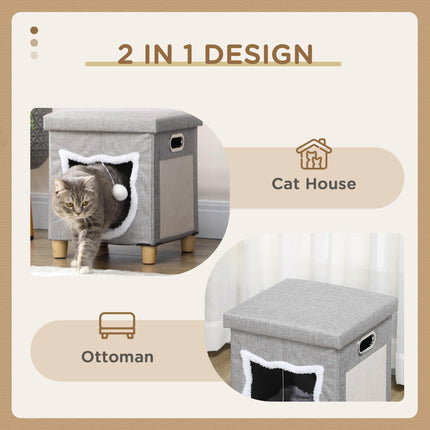 2 in 1 Cat Bed Ottoman with Removable Cushion, Scratching Pad & Handles - Grey