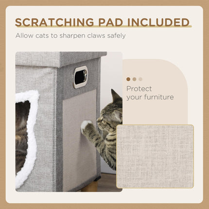 2 in 1 Cat Bed Ottoman with Removable Cushion, Scratching Pad & Handles - Grey