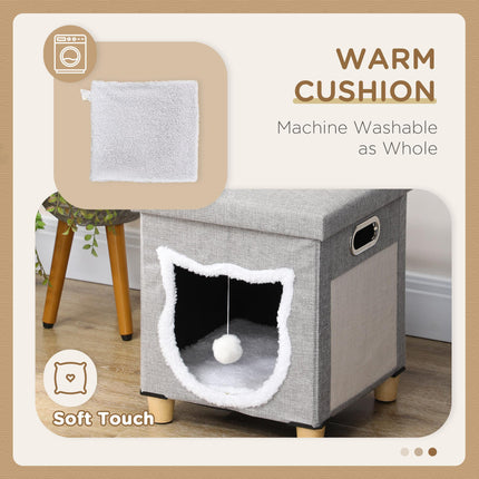2 in 1 Cat Bed Ottoman with Removable Cushion, Scratching Pad & Handles - Grey