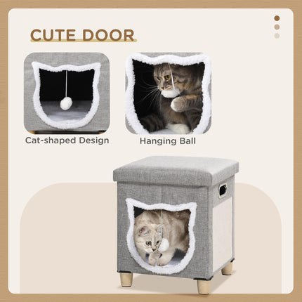 2 in 1 Cat Bed Ottoman with Removable Cushion, Scratching Pad & Handles - Grey