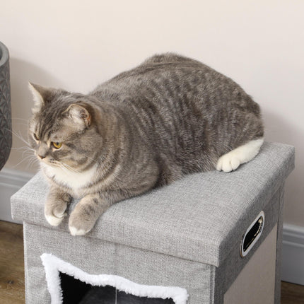 2 in 1 Cat Bed Ottoman with Removable Cushion, Scratching Pad & Handles - Grey