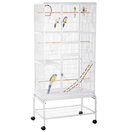 3 Tier Bird Cage with Stand, Wheels, Toys & Ladders for Canaries, Finches, Cockatiels, Parakeets, Budgies - White