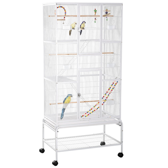 3 Tier Bird Cage with Stand, Wheels, Toys & Ladders for Canaries, Finches, Cockatiels, Parakeets, Budgies - White