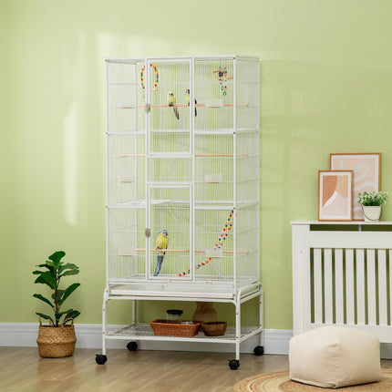 3 Tier Bird Cage with Stand, Wheels, Toys & Ladders for Canaries, Finches, Cockatiels, Parakeets, Budgies - White
