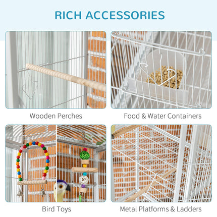 3 Tier Bird Cage with Stand, Wheels, Toys & Ladders for Canaries, Finches, Cockatiels, Parakeets, Budgies - White