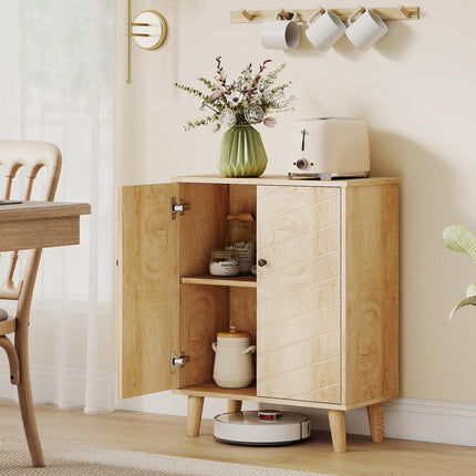 Vintage Storage Cabinet with Double Chevron Doors and Pine Wood Legs - Natural Wood Effect