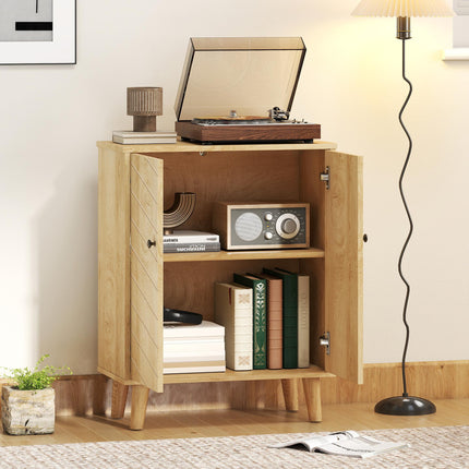 Vintage Storage Cabinet with Double Chevron Doors and Pine Wood Legs - Natural Wood Effect