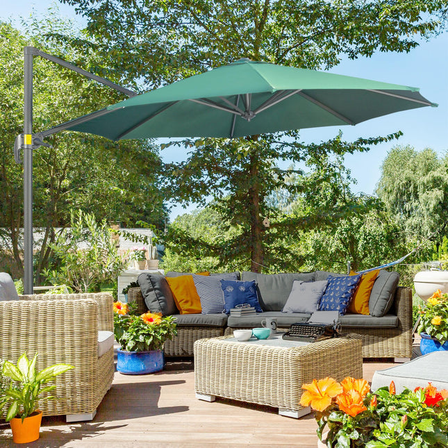 3 Metre Cantilever Parasol with Tilt, 360° Rotation & Cross Base - Green